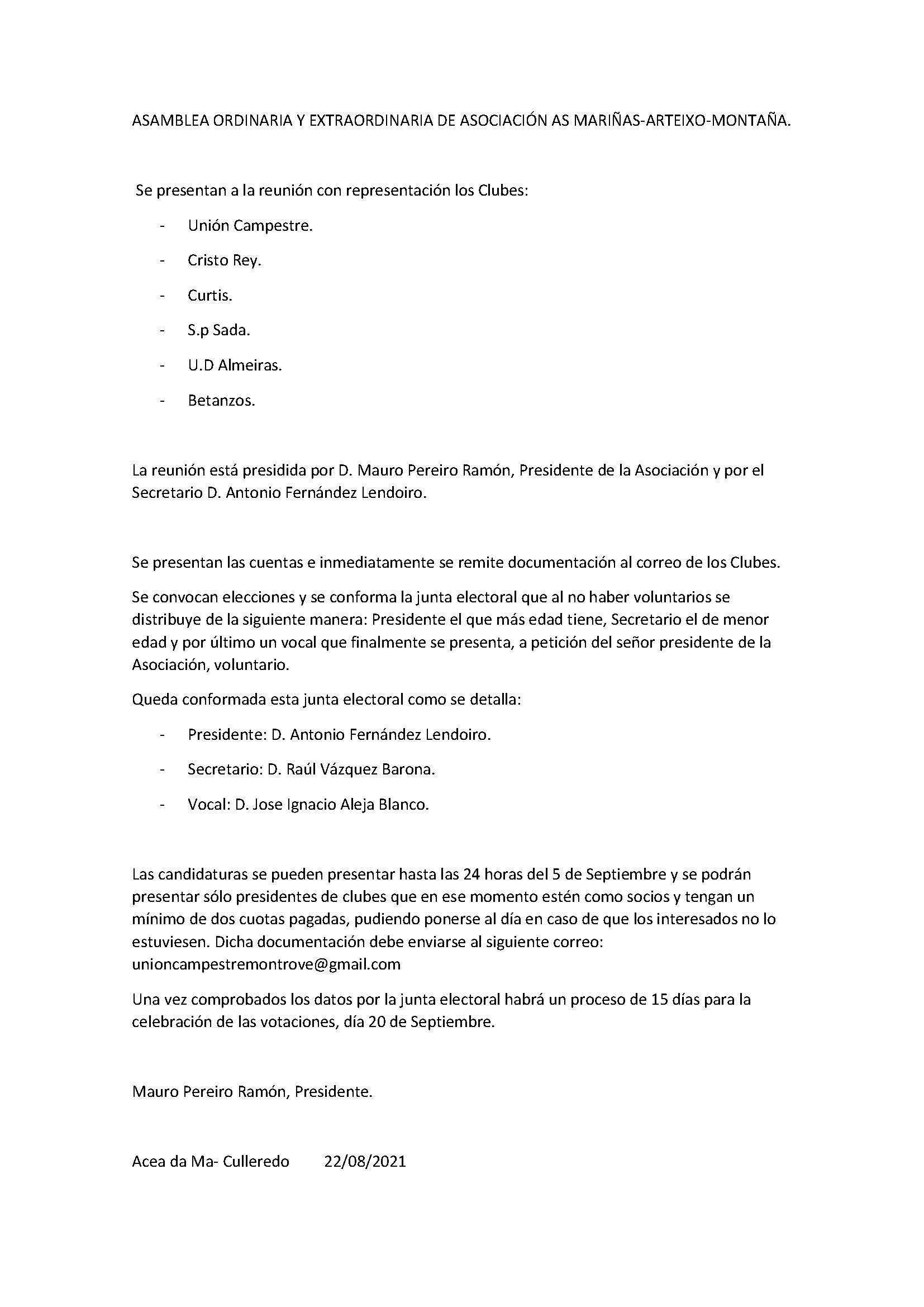 ASAMBLEA ORDINARIA Y EXTRAORDINARIA DE ASOCIACIÓN AS MARIÑAS